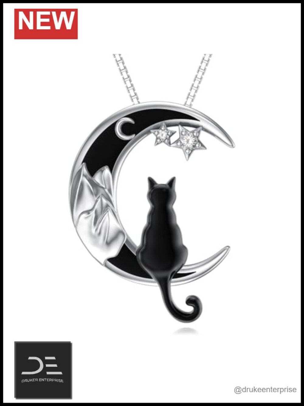 0.025 cttw Diamond Black Cat Necklace 925 Sterling Silver Crescent Moon Pendant